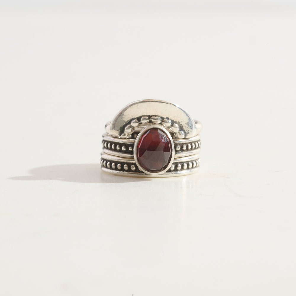 Garnet Protection Ring & Shield Stacking Ring Trio  | Silver