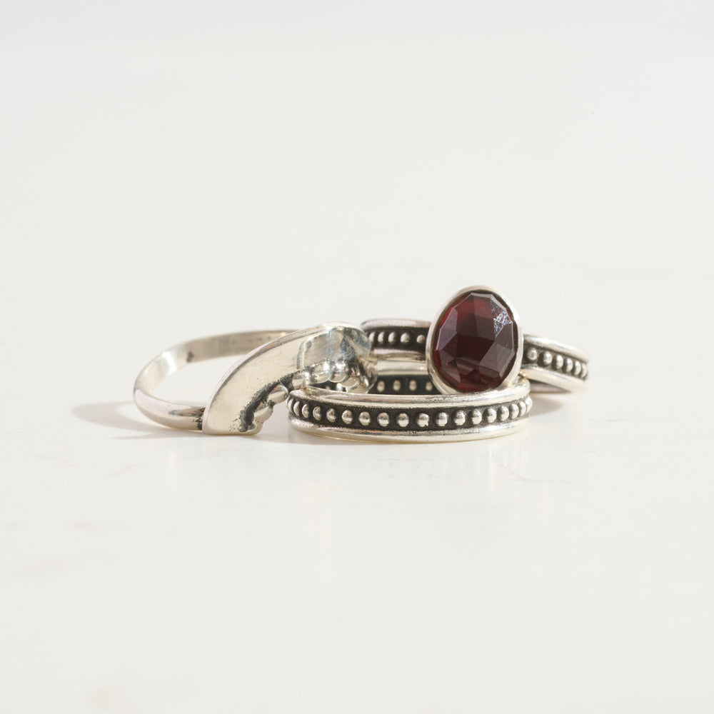 
                      
                        Garnet Protection Ring & Shield Stacking Ring Trio  | Silver
                      
                    