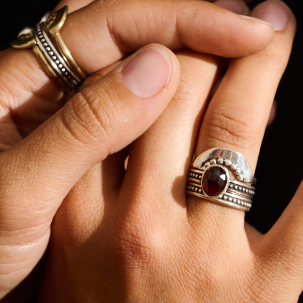 
                      
                        Garnet Protection Ring & Shield Stacking Ring Trio  | Silver
                      
                    