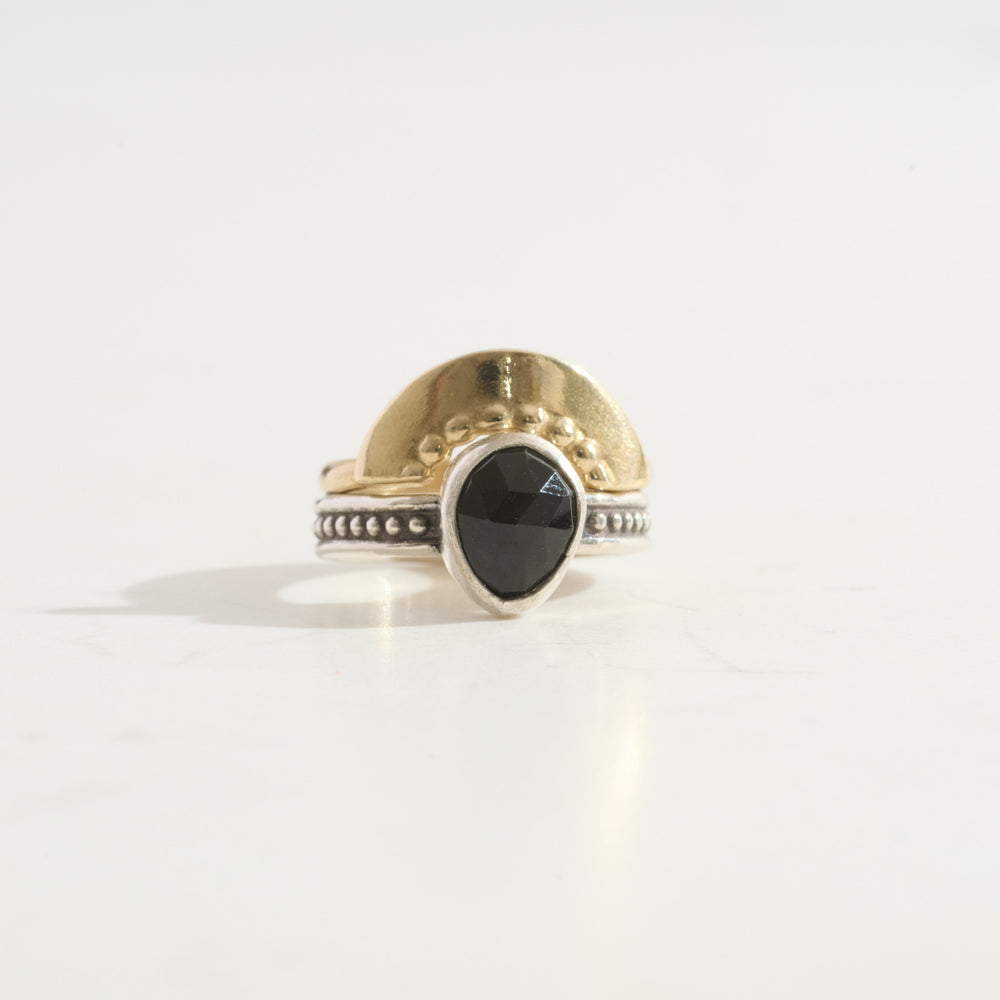 Onyx Protection Ring & Shield Stacking Ring Duo  | 14k Gold + Silver