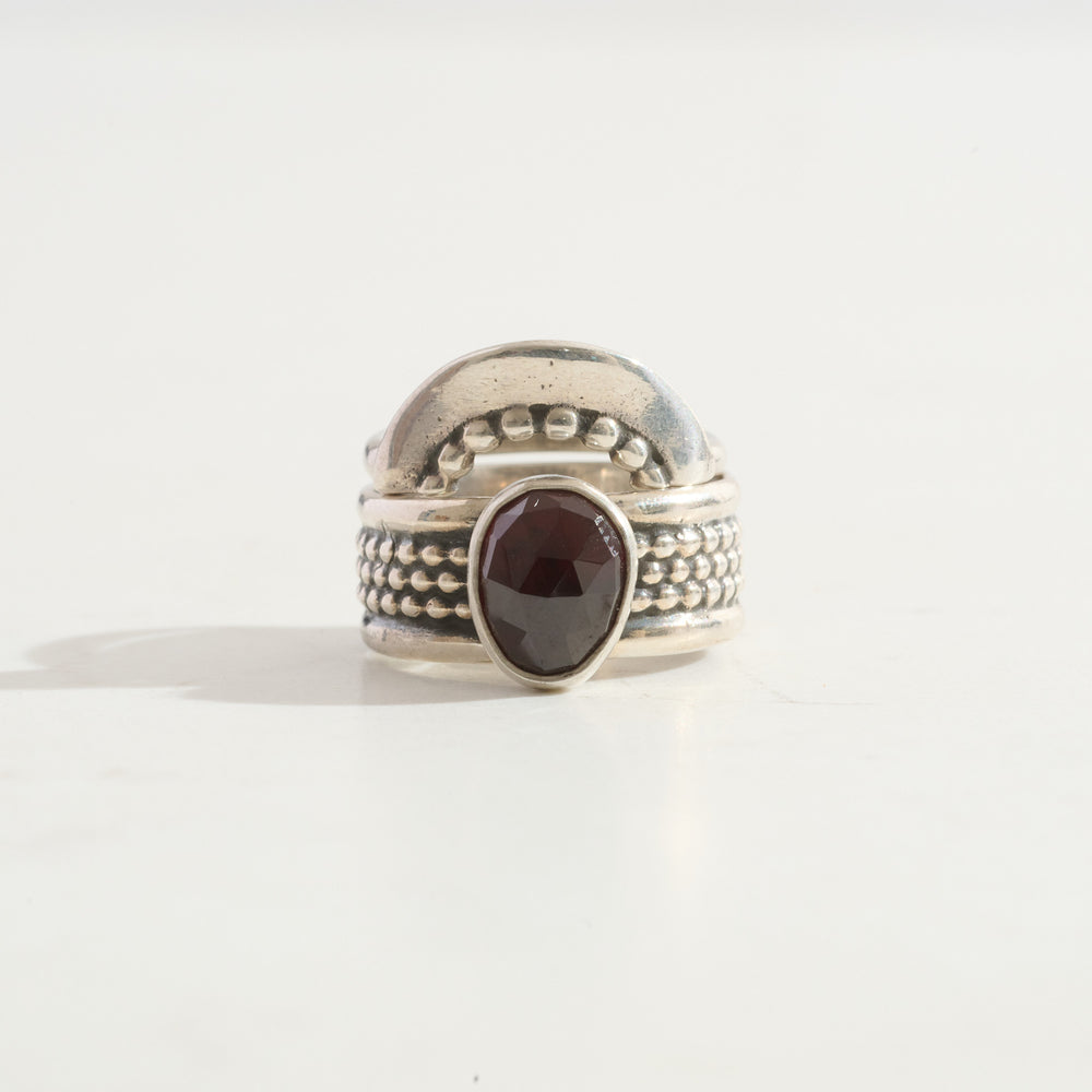 Garnet Warrior Ring & Shield Stacking Ring Duo | Silver