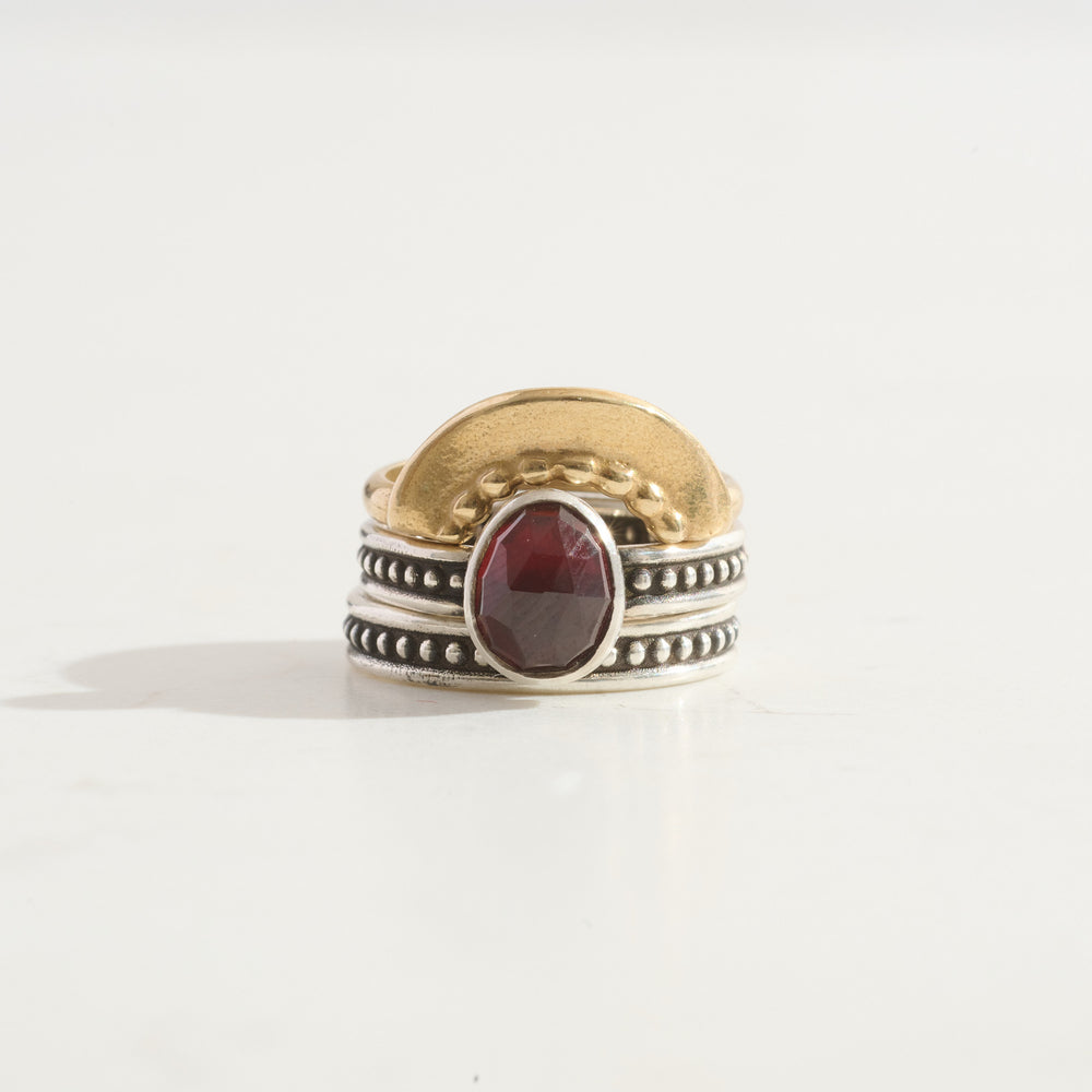 Garnet Protection Ring & Shield Stacking Ring Trio  | 14k Gold + Silver