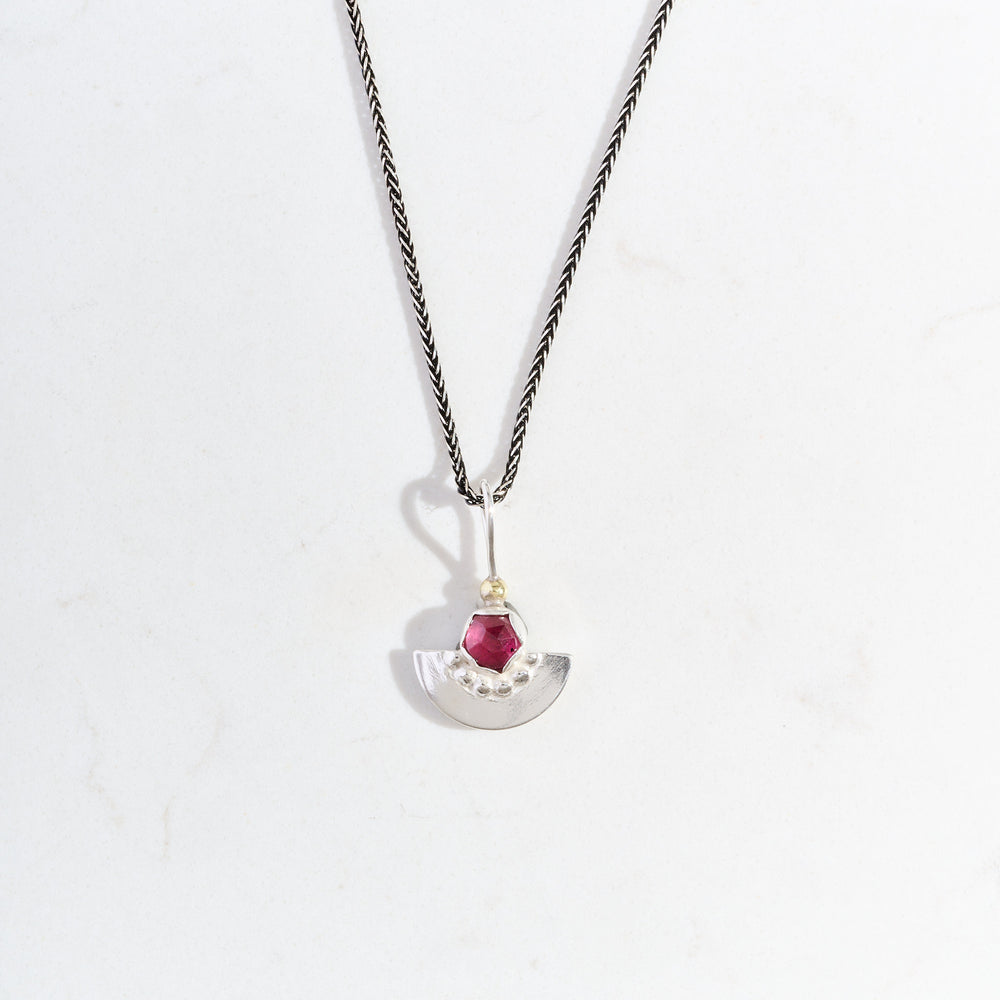 One of a Kind Tiny Rhodolite Garnet Shield Pendant | 18k Gold + Silver