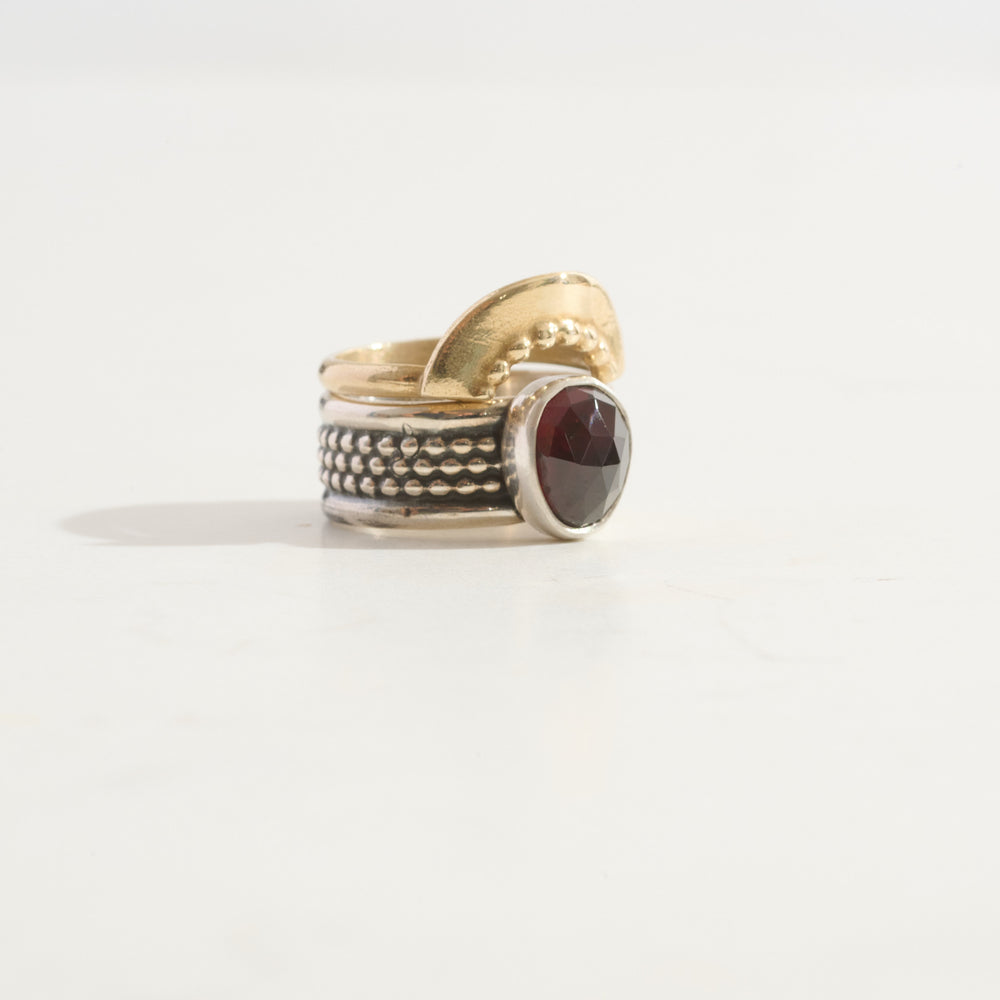 Garnet Warrior Ring & Shield Stacking Ring Duo | 14k Gold + Silver