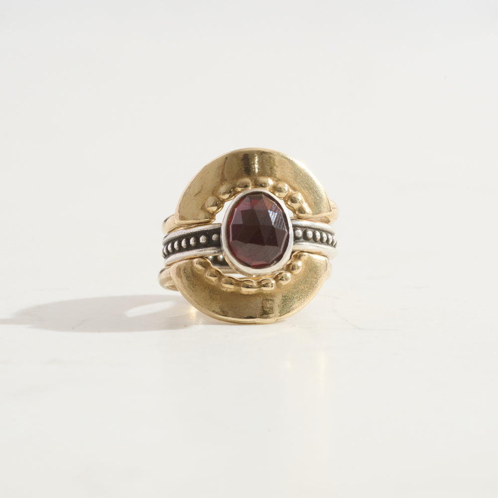 Garnet Protection & Double Shield Stacking Ring Trio | 14k Gold + Silver