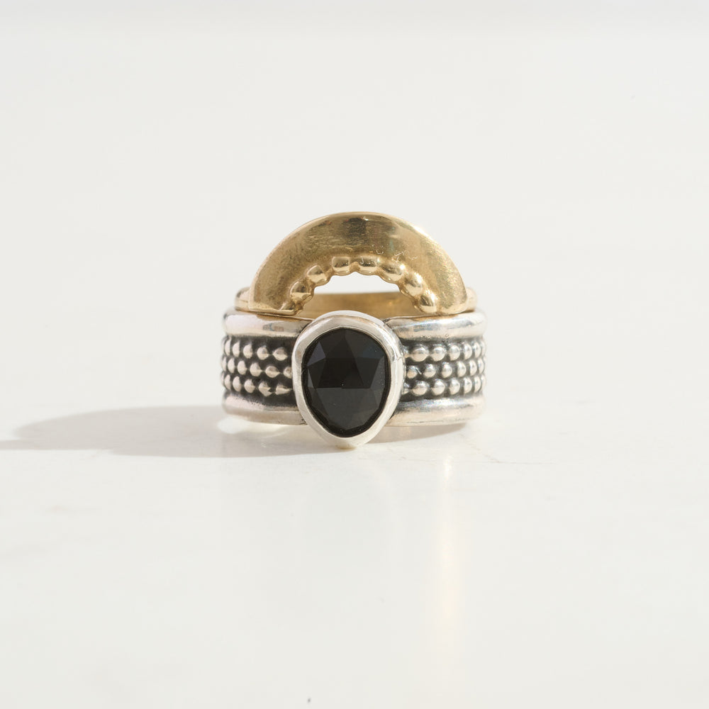 Onyx Warrior Ring & Shield Stacking Ring Duo | 14k Gold + Silver