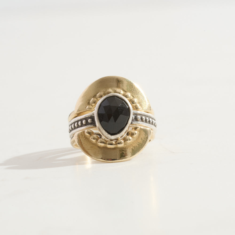 Onyx Protection & Double Shield Stacking Ring Trio | 14k Gold + Silver