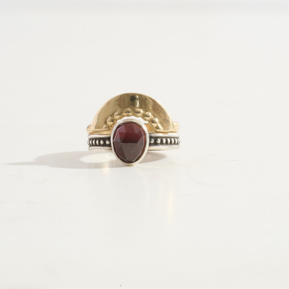 Garnet Protection Ring & Shield Stacking Ring Duo  | 14k Gold + Silver