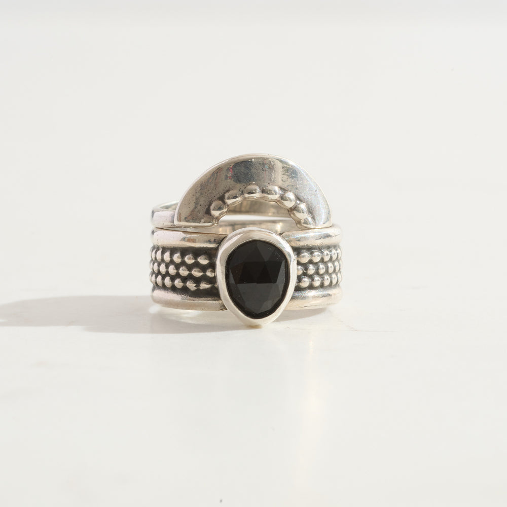 Onyx Warrior Ring & Shield Stacking Ring Duo | Silver